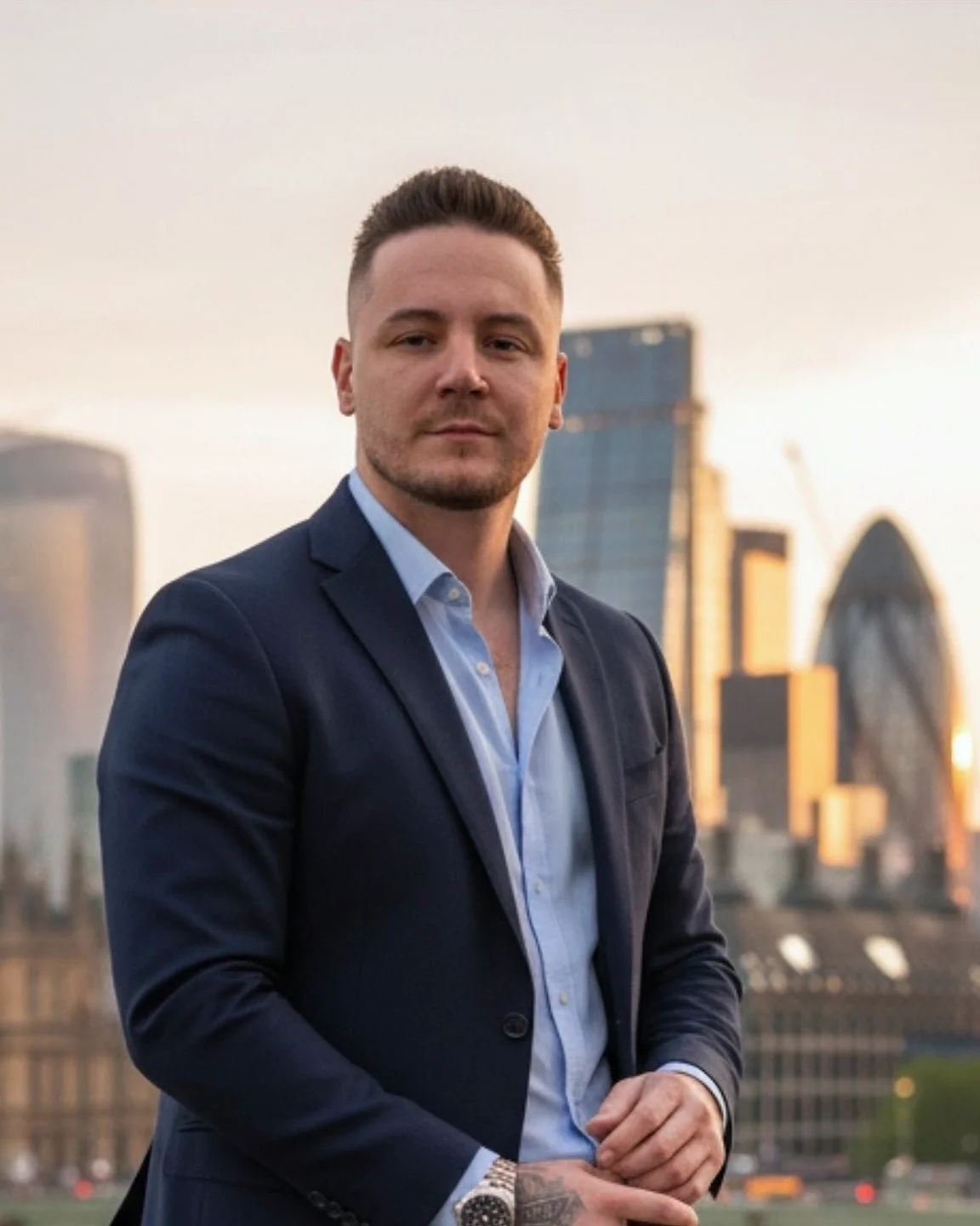 Portrait of Mike, founder of Rampart, with the City of London skyline behind him