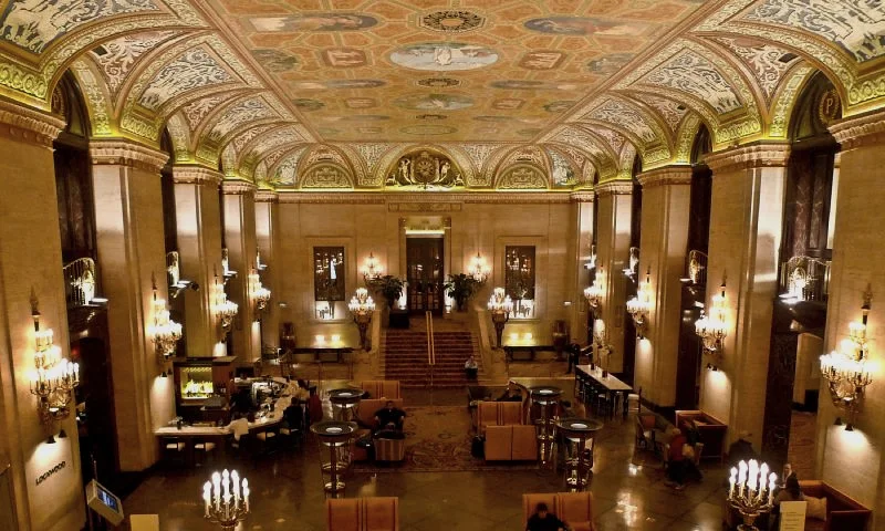 Grand arched hotel lobby interior